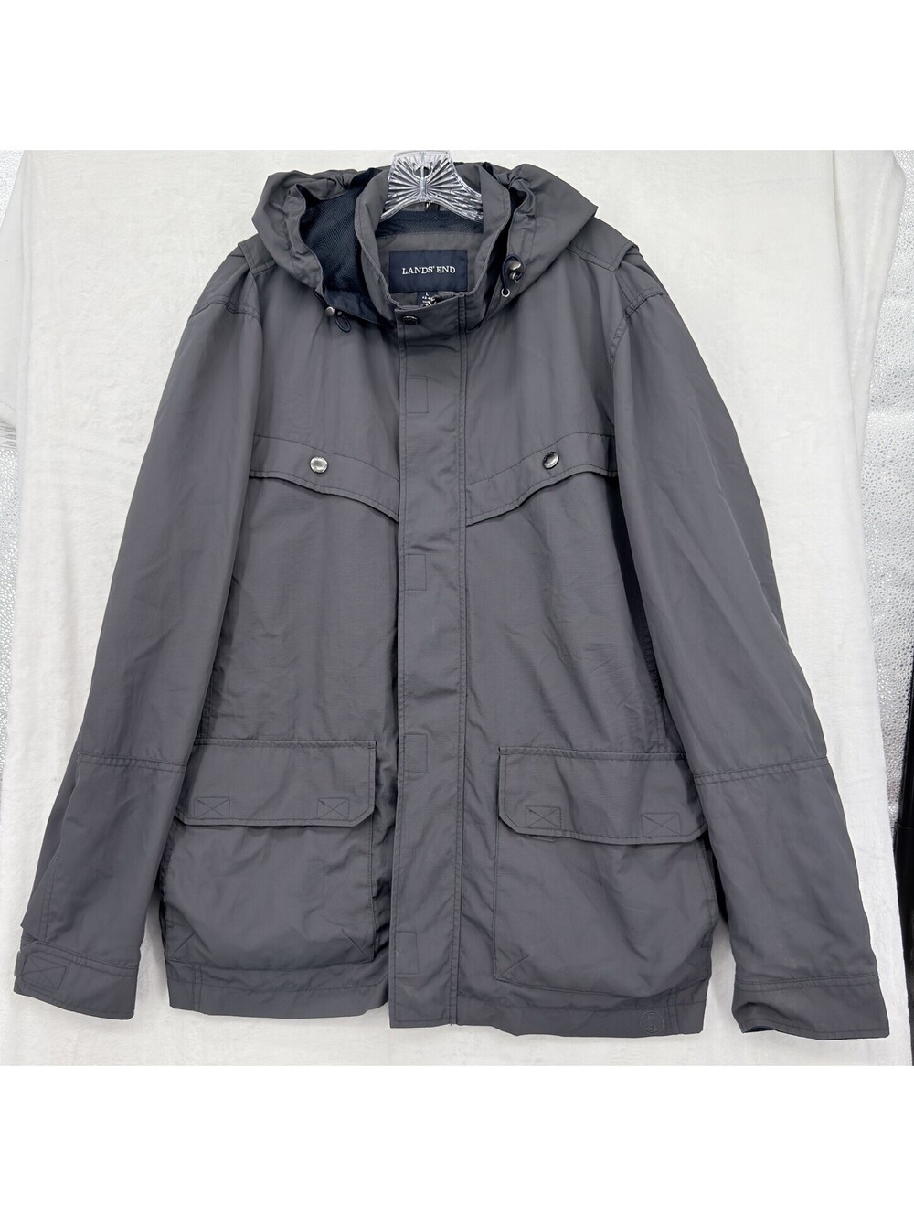 Lands End Jacket Large Mens Gray Lightweight Mesh Lined Full Zip Nylon Hooded
